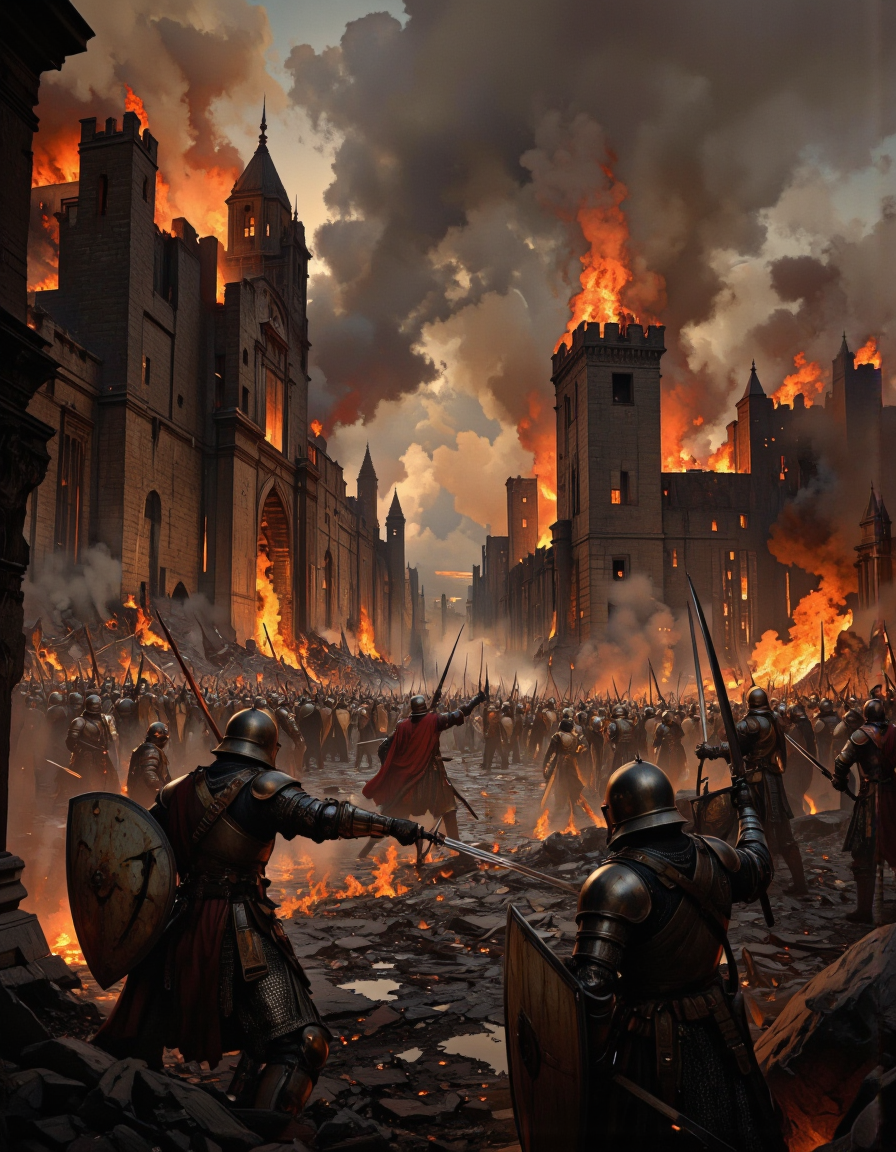A dramatic, dark fantasy scene featuring a battle scene depicting a chaotic battle scene with soldiers in full armor engaged in battle against a backdrop of burning buildings and debris. the scene is set in a post-apocalyptic battlefield, with smoke and flames rising from the ruins of a medieval castle, and the soldiers are in various positions, some holding swords and shields, while others are standing amidst the chaos.