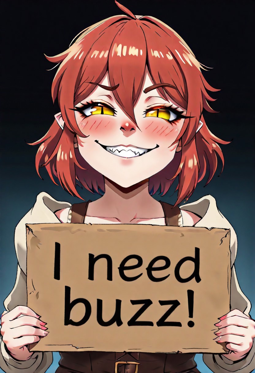 masterpiece, need_buzz, holding sign, anime, 1girl, smug, gradient background, yuanti, slit pupils, pointed ears