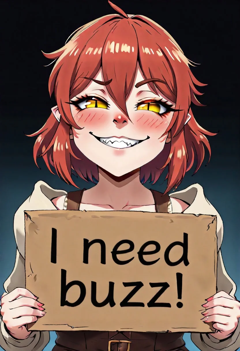 masterpiece, need_buzz, holding sign, anime, 1girl, smug, gradient background, yuanti, slit pupils, pointed ears