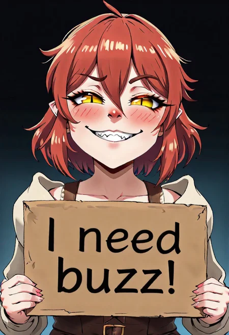 masterpiece, need_buzz, holding sign, anime, 1girl, smug, gradient background, yuanti, slit pupils, pointed ears