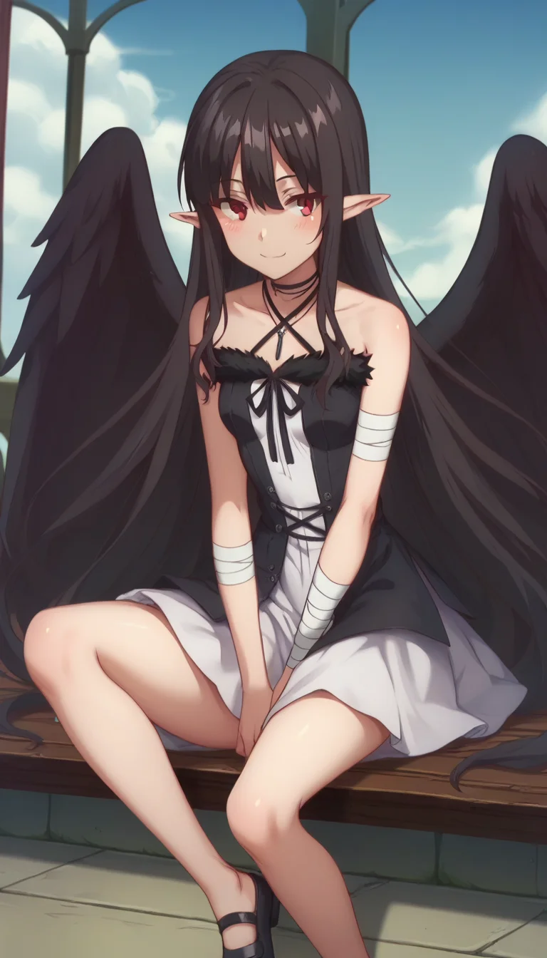 score_9,score_8_up,score_7_up,score_6_up BREAK official art,solo,outdoors,upper body,(portrait:1.5),looking at viewer,facing viewer,smile,blush,Eve,very long hair,black hair,shiny hair,hair intakes,pointy ears,sidelocks,hair between eyes,parted bangs,red eyes,jewelry,choker,necklace,bare shoulders,collarbone,halterneck,black coat,white dress,sleeveless dress,halter dress,strapless dress,criss-cross halter,black ribbon,fur trim,small breasts,bandaged arm,black wings,feathered wings,black feathers,bare legs,no socks,mary janes,black footwear,<lora:Eve(rh)-Pony:1.6>,