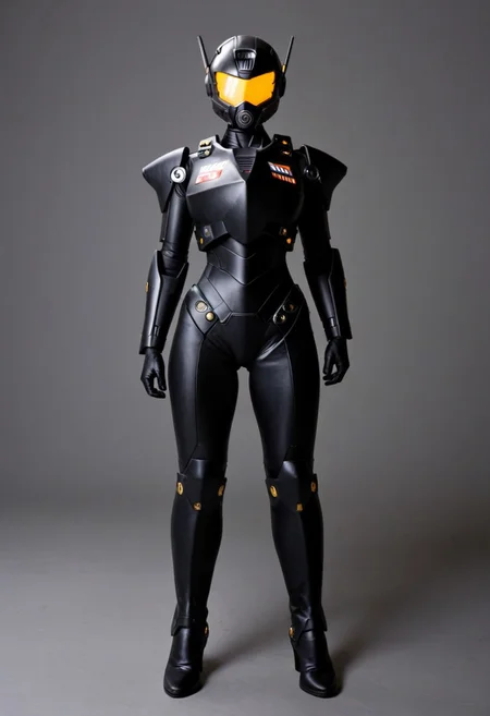 A full length 35mm photo of a sleek futuristic scene, a female gundam robot in a form-fitting gloss black armored suit with gold accents, wearing leather boots, her stance exuding a sense of femininity and grace , standing in a military hangar, smooth featureless face
TheFaceLess, Polaroid Style, Polaroid photography, over exposed style, flash photography style, Kodak, fujifilm, bright light, white light