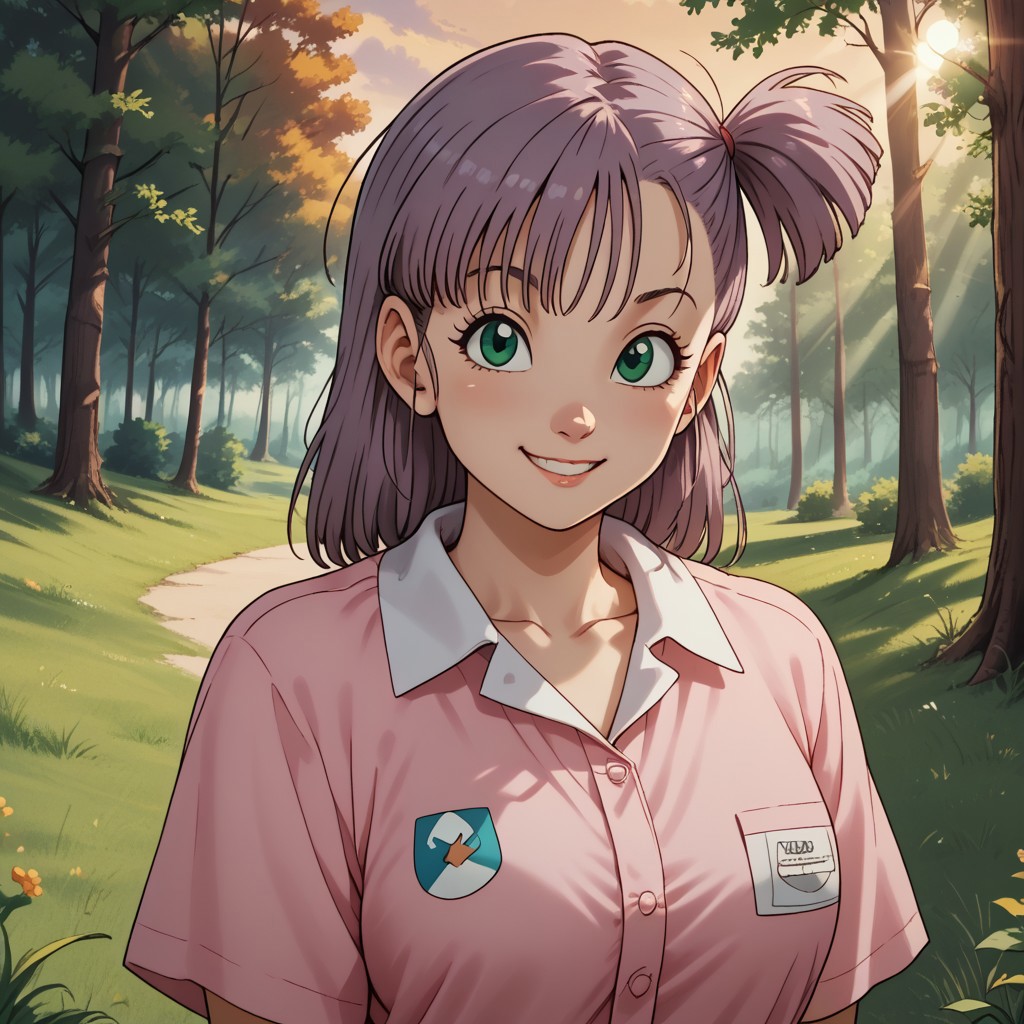 score_9, score_8, BREAK, solo, bulma, blue hair,green eyes one side up, cute girl, pink shirt,shirt, , collarbone, short sleeves, off shoulder, oversized shirt, naked shirt, oversized clothes, sexy pose, self portrait, smile, outdoors, sunlight, shadows, evening lighting, natural lighting, forest, trees, grass, orange sky, sunset