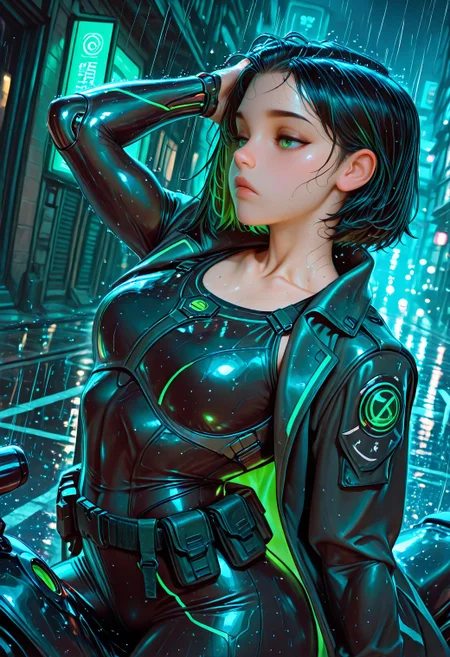 SmoothNoob_Quality, night, 1girl, solo, short dark hair, glowing green highlights, green eyes, collarbone, toned, (long coat), neon green trim, fitted black tactical armor, cybernetic mechanical arm, holographic interface, leaning back, adjusting hair, futuristic utility belt, dynamic angle, face focus, from side, riding motorbike, gazing forward, focused expression, outdoors, standing, street, (rain), futuristic urban background, fog, (dark:1.1), black theme, <lora:SmoothStyle_Beta:1>