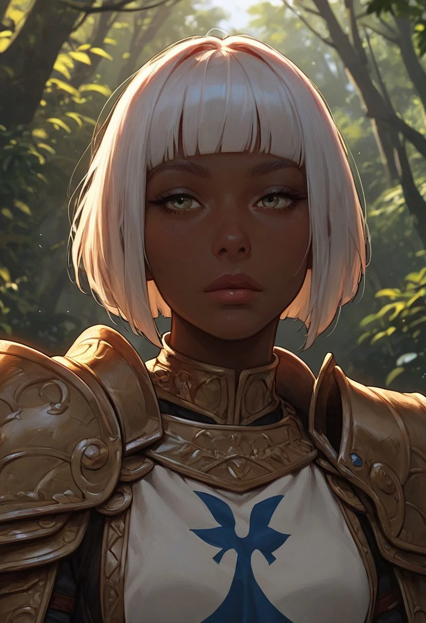 masterpiece, best quality, highly detailed, score_9, score_8_up, score_7_up, score_6_up, score_5_up, score_4_up, Expressiveh, outside,forest,dappled sunlight,1girl,dark-skinned female,bob cut,blunt bangs,white hair,shield,ornate armor,tabard