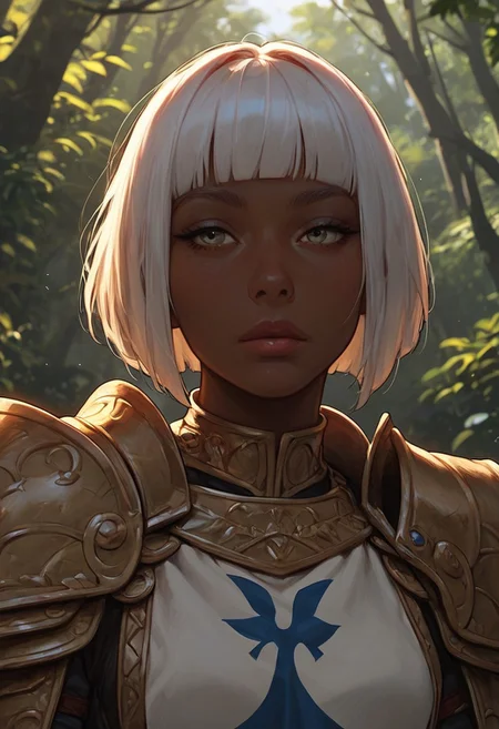 masterpiece, best quality, highly detailed, score_9, score_8_up, score_7_up, score_6_up, score_5_up, score_4_up, Expressiveh, outside,forest,dappled sunlight,1girl,dark-skinned female,bob cut,blunt bangs,white hair,shield,ornate armor,tabard