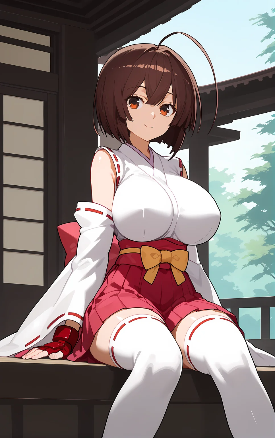 (score_9, score_8_up, score_7_up), looking at viewer, smile, closed mouth, shiny skin,
ohwx, 1girl, solo, brown_hair, brown_eyes, long_hair, ahoge, breasts, short_hair, large_breasts, ahoge, huge_ahoge,
fingerless_gloves, bare_shoulders, bow, gloves, hakama, hakama_short_skirt, hakama_skirt, impossible_clothes, impossible_shirt, jacket, japanese_clothes, kimono, long_sleeves, miko, red_gloves, red_ribbon, ribbon, ribbon_trim, sash, shirt, skirt, thighhighs, white_thighhighs, wide_sleeves, zettai_ryouiki,
jewish temple, Sitting, pretending to tie an oversized bow,
<lora:musubi_pony_ss-000001:1>