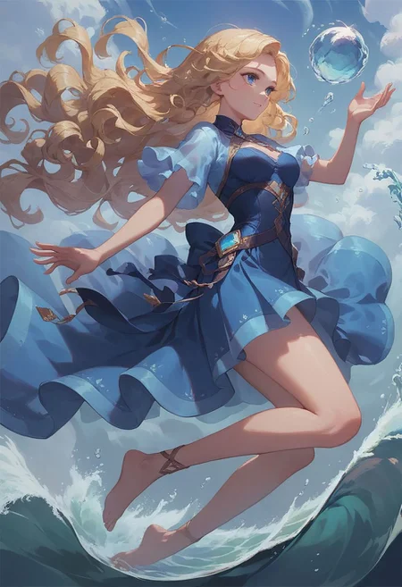 score_9, score_8_up, score_7_up, female mage, flying above ocean, waves, waves parted, blue robes, crystalline staff, deep blue eyes, blonde hair, flowing hair, ocean life in water