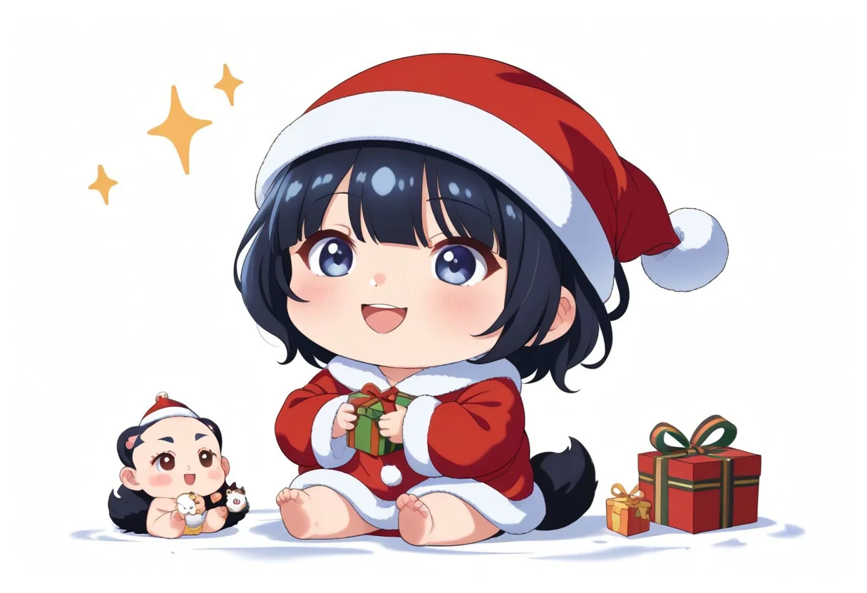 chibi solo, 1girl, medium black hair fluffy blue hanfu, wide long sleeves white hanfu, funny, chibi sitting, infant, toddler,
Fat chibi open christmas gifts, medium, baby, infant, toddler,
 Santa hat, opened mouth, smile, giggled, white background, christmas party, chibi, chibi, infant, force side view, force from side,
