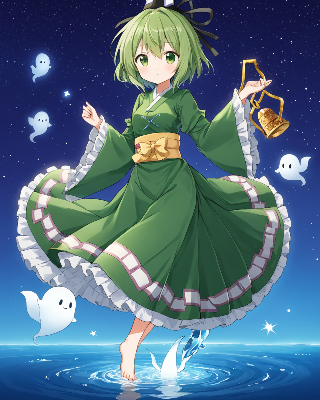 soga no tojiko, green_dress, 2girls, one_eye_closed, tate_eboshi, barefoot, long_sleeves, wide_sleeves, japanese_clothes, ghost_tail, star_\(sky\), fish, starry_sky, looking_at_viewer, water, holding, ofuda, skirt, night, frills
<lora:soga_no_tojiko_image2295_2023-12-20-000010:1>,star-shaped_pupils,symbol-shaped_pupils,. gorgeous,key visual, vibrant, studio anime,award-winning, professional, highly detailed,high budget, cinemascope