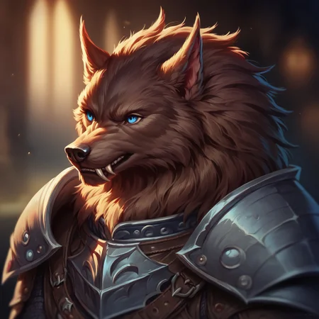 (((detailed, beautiful, high quality))), score_9, score_8_up, score_7_up, upper body,
werewolf, furry wolf, fangs, tail,
1 male, brown fur, blue eyes, armor,
blurred background, fantasy background, rustic background, dark background,