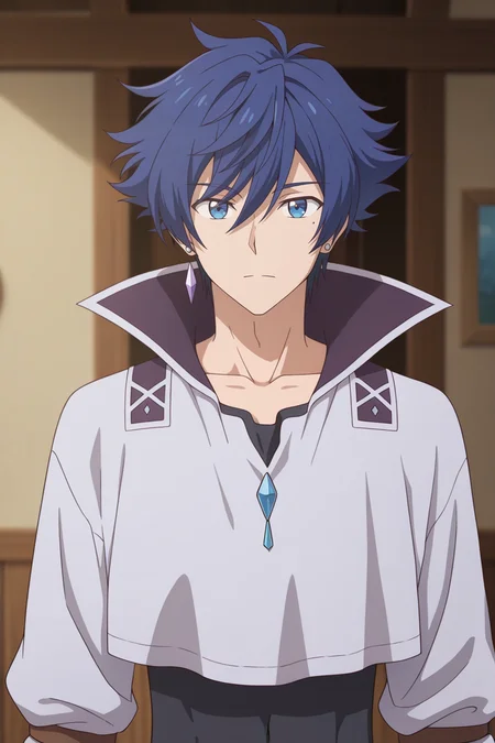 masterpiece, best quality, amazing quality,high resolution, intricate details,official style,depth of field,anime screencap,anime coloring, , , 1boy, solo, male focus, <lora:Allen_Westfelt:0.74>,allen westfelt,blue hair,blue eyes,spiky hair,short hair,mole,upper body,jewelry,earrings,cropped shirt,collarbone,high collar,closed mouth,expressionless,looking at viewer,indoors,wooden