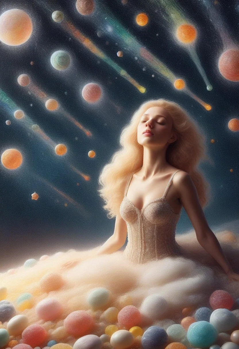 portrait of gorgeous blonde maiden sleeping on a cloud, light and shadows, 64k, starry brilliance, HD, audacious detailed fantasy, digital art