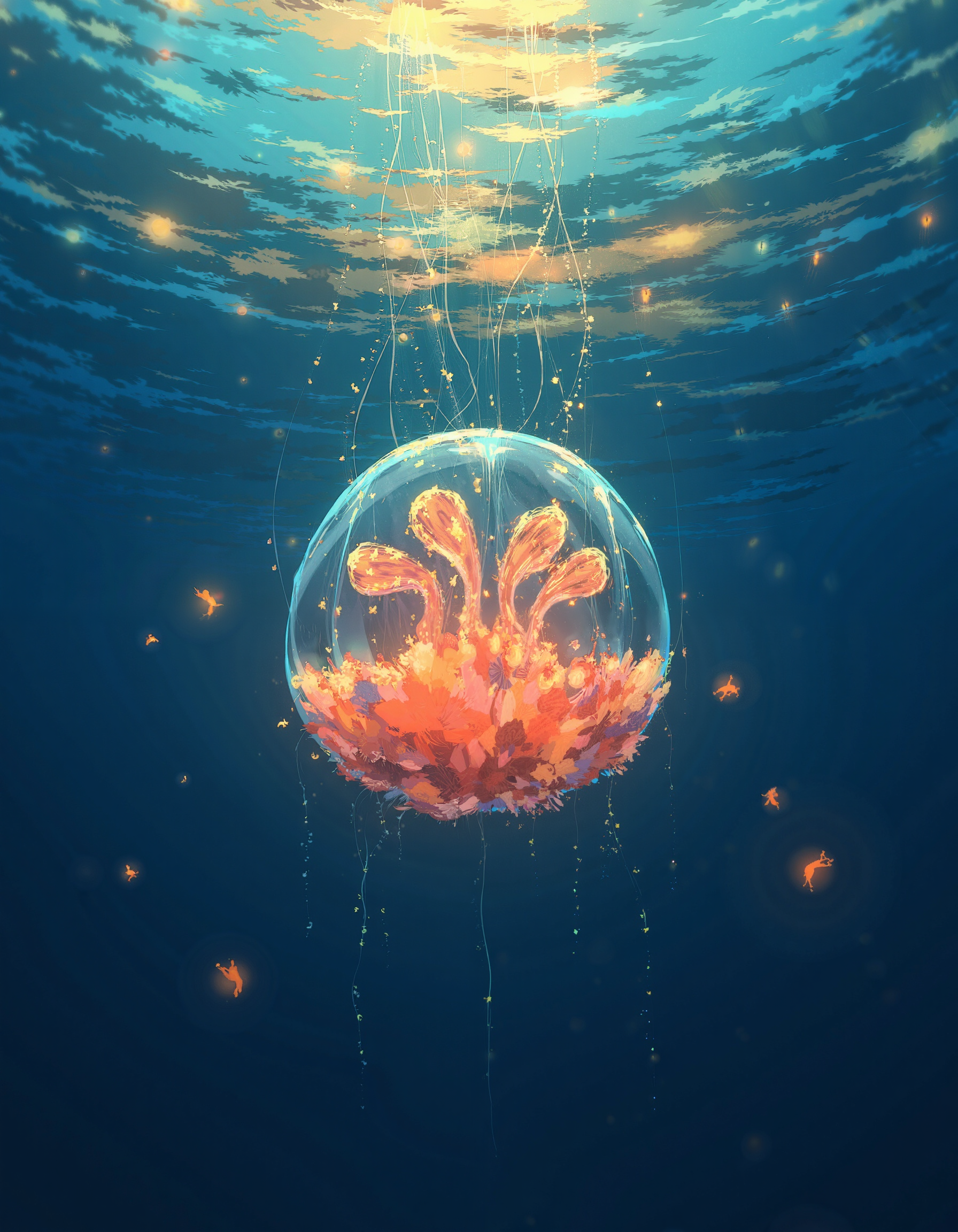 A poignant underwater scene, reminiscent of Hayao Miyazaki's dreamlike storytelling, featuring a colossal jellyfish made of vibrant, mismatched patchwork pieces, its translucent body glowing softly, as if illuminated from within, against a deep blue background with warm, golden light filtering down from above, evoking a sense of ethereal wonder, shot in a cinematic style with a shallow depth of field, emphasizing the intricate textures of the jellyfish's patchwork body, with a subtle film grain and muted color palette, imbuing the scene with a nostalgic, timeless quality. The painting is in the style of umesky. <lora:ume_sky_v2:1>