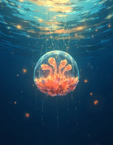 A poignant underwater scene, reminiscent of Hayao Miyazaki's dreamlike storytelling, featuring a colossal jellyfish made of vibrant, mismatched patchwork pieces, its translucent body glowing softly, as if illuminated from within, against a deep blue background with warm, golden light filtering down from above, evoking a sense of ethereal wonder, shot in a cinematic style with a shallow depth of field, emphasizing the intricate textures of the jellyfish's patchwork body, with a subtle film grain and muted color palette, imbuing the scene with a nostalgic, timeless quality. The painting is in the style of umesky. <lora:ume_sky_v2:1>