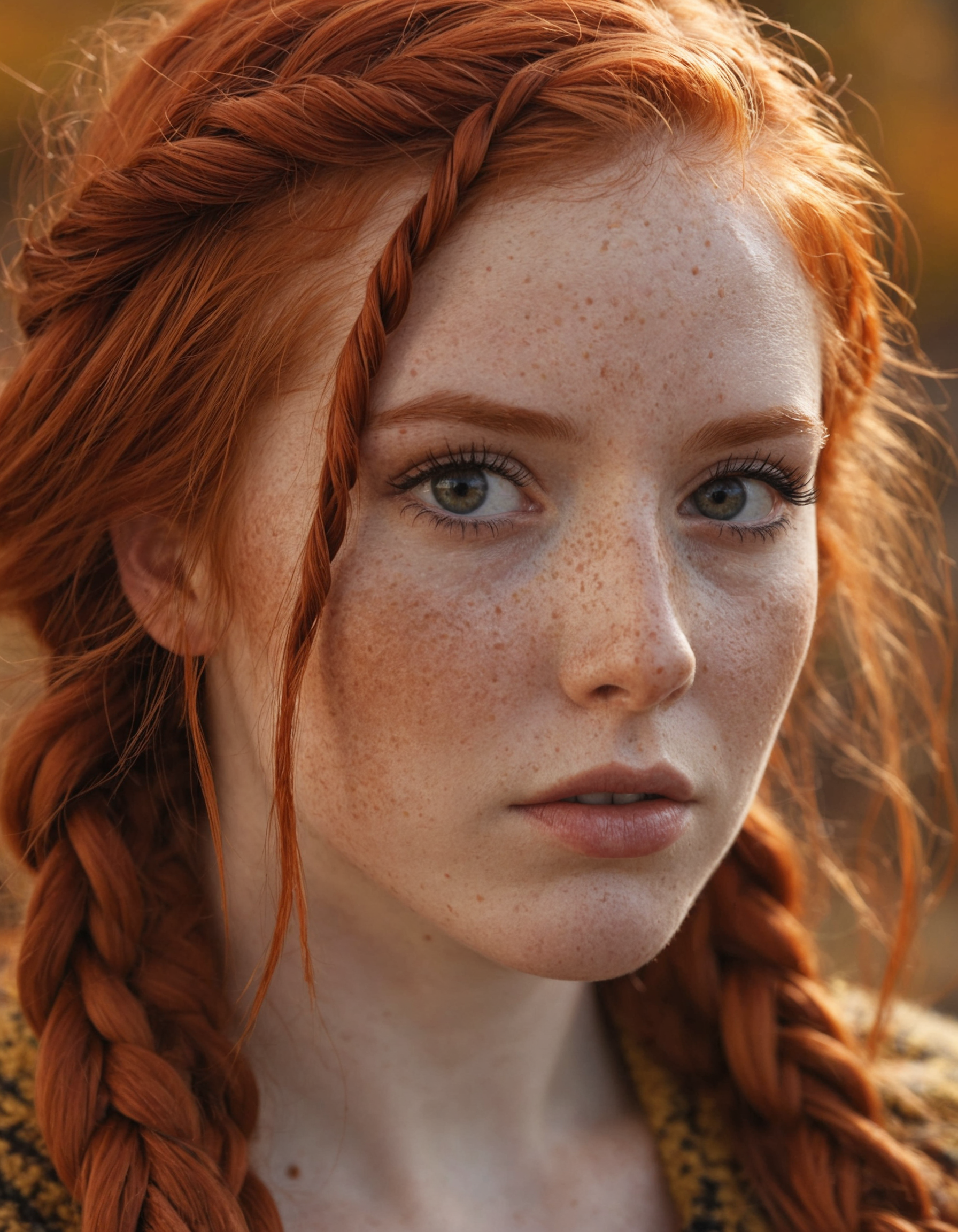 8k, photorealistic, dof, colourful, stunning redhead, fall colors, (detailed_face:1.2), long_hair, braids, freckles, (makeup eyeliner lipstick:0.8), bright_detailed_eyes, eye level, portrait, soft light
