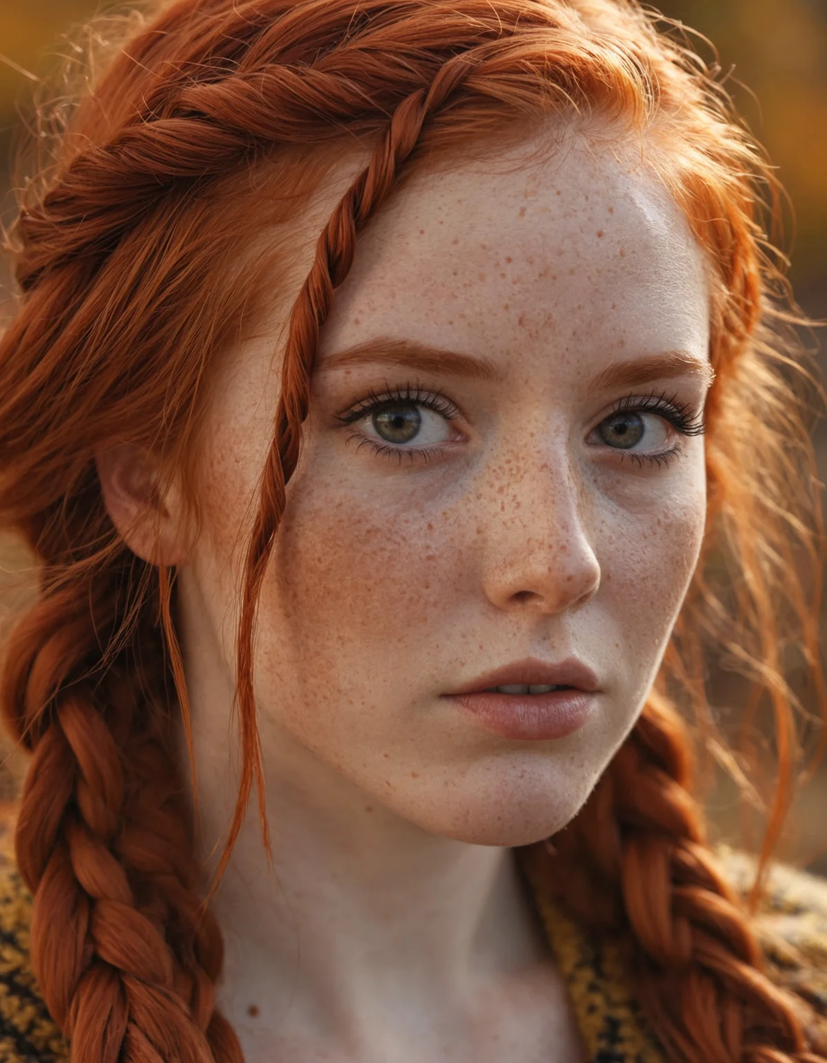8k, photorealistic, dof, colourful, stunning redhead, fall colors, (detailed_face:1.2), long_hair, braids, freckles, (makeup eyeliner lipstick:0.8), bright_detailed_eyes, eye level, portrait, soft light