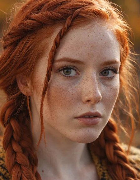 8k, photorealistic, dof, colourful, stunning redhead, fall colors, (detailed_face:1.2), long_hair, braids, freckles, (makeup eyeliner lipstick:0.8), bright_detailed_eyes, eye level, portrait, soft light