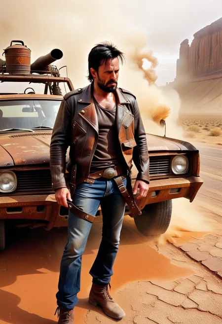 one man, black hair, clean face, square jaw, eye crinkles, annoyance, frown, kicking car, desert, old road, Jug tied to top, rust on car, aged car, bars instead of windows, side holster, knife in carrier, leather jacket, old west undershirt, dust storm in distance, dvr-rst,  defined, highly detailed,