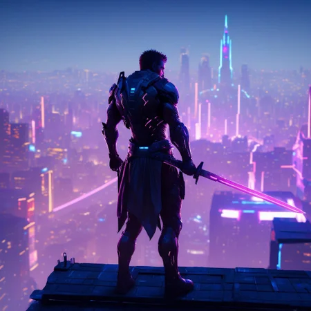 cpunk,
A lone warrior with a cybernetic katana and advanced body armor, standing on a rooftop overlooking a neon-lit city. Their eyes glow with a high-tech HUD display.