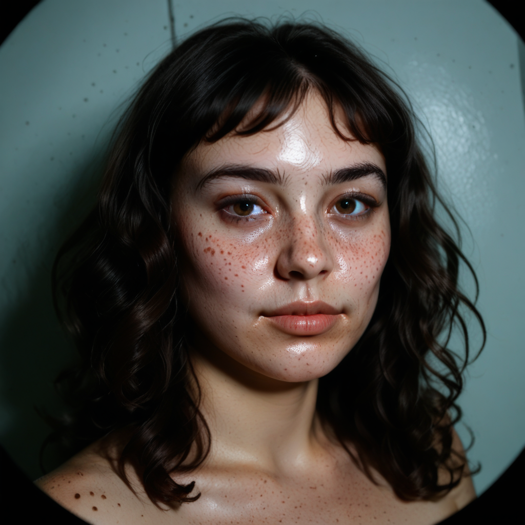 portrait of a stunning mediterranean woman, paloma, 1girl, olive skin, dark wavy hair, freckles, soft lighting, close-up, headshot, neutral expression, realistic face, studio background