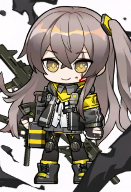chibi,ump45 \(girls' frontline\), 1girl, blood on face, brown eyes, brown hair, collared shirt, crossed bangs, double-parted bangs, hooded jacket, jacket, long hair, scar across eye, smile
white background,full body,solo,
masterpiece,best quality,high definition,ultra-detailed,<lora:fangzhou-000140:1>,