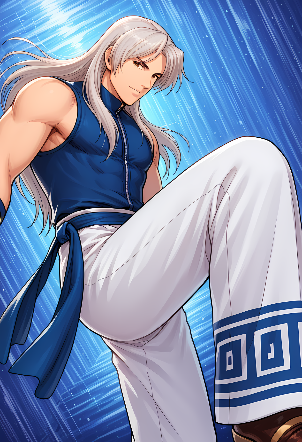 masterpiece, best quality, amazing quality, dutch angle, abstract background, BREAK
1boy, solo, male focus, kof_jhun, long hair, grey hair, brown eyes, sleeveless, blue shirt, white pants, sash, knee up, BREAK
<lora:cfg_scale_boost:.6>   <lora:Jhun_Hoon_-_The_King_of_Fighters_-_ILXL:1>