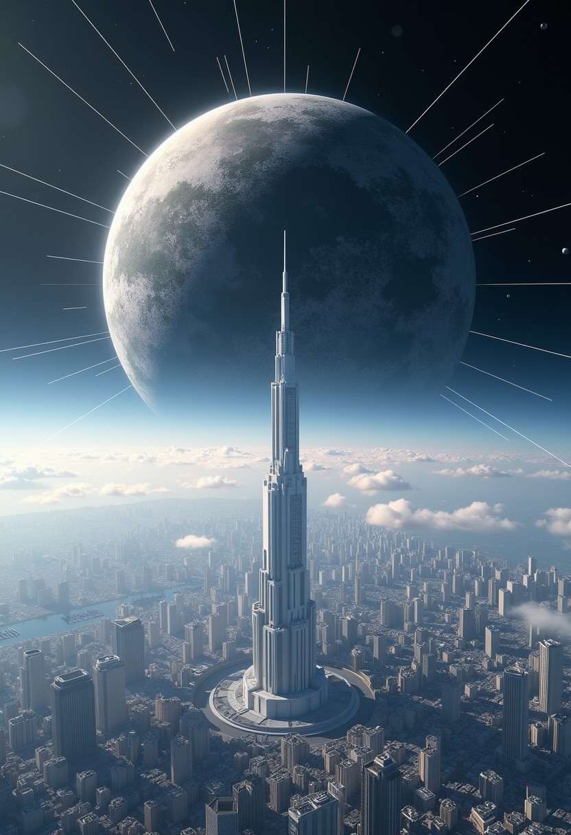 a giant black circle in the air intersected by thick lines,  symmetrical symbol, juxtaposed over a shining white city viewed from above, satellite view,
An enormous city sprawl with a city skyline reaching for the stars,
a tower of clean white architecture, the center for the AI that rules the Human civilization, in a glittering city of glass and shining metal,
   bright sunlight under a pitch black sky.
twice five miles of urban sprawl,