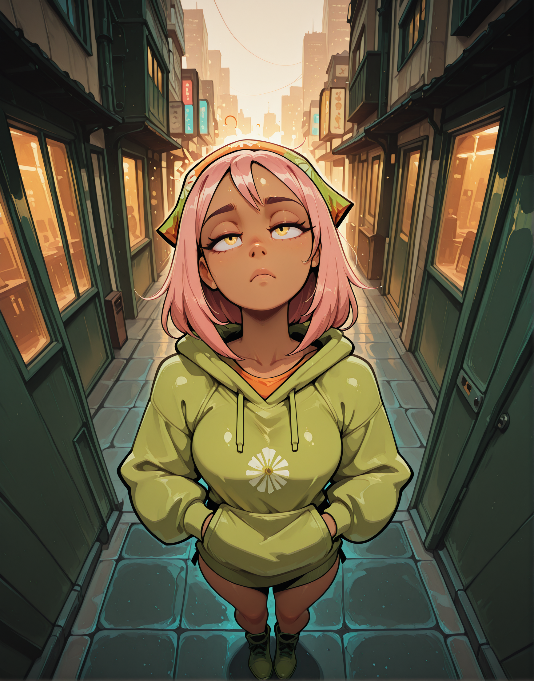 anime,masterpiece, best quality, absurdres, newest, very aesthetic, amazing quality,highres,sensitive,atmospheric lighting,<lora:Aijalon_Anitoon_v2:0.5> aijalon,  <lora:nyunzstyle:0.75> nynzi2, <lora:MoriiMee_Gothic_Niji_Style_Illustrious_r1:0.25> artist:moriimee,
 <lora:Aija-chan:0.6> aija-chan, 1girl, bandana, green hoodie, green footwear, hood down, tan,facing viewer, hands on pockets,confused,annoyed, head tilt, looking at viewer,from above, outdoors, city,