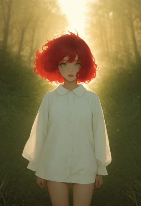 7481llu, masterpiece, best quality, amazing quality, very aesthetic, absurdres, newest, (scenery, volumetric lighting), 8K, depth of field, focused subject, perfect eyes, 1girl, Realistic photo of a young woman with curly red hair standing on top of a green hill at dawn. She is wearing a light white dress that flutters in the wind. In the distance can be seen mountains covered in a misty haze. Soft golden light floods the scene, creating an atmosphere of tranquility and freedom. Style: highly detailed photography with cinematic lighting, similar to the works of National Geographic. Depth of field: blurred background with emphasis on the model's face and hair.