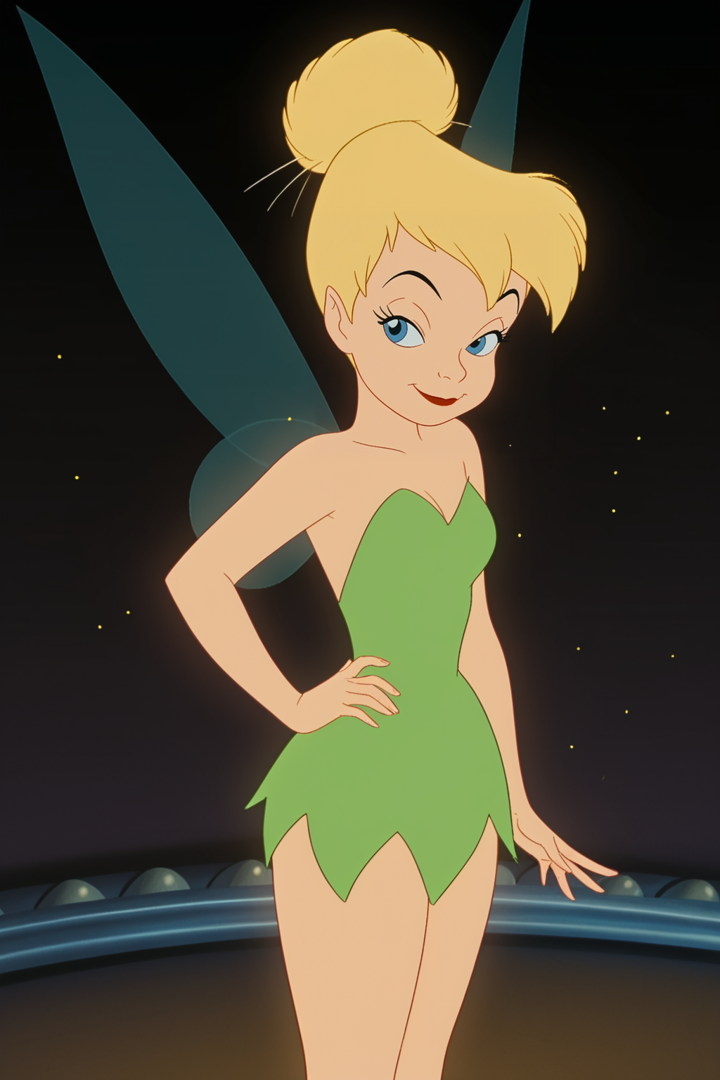 retro artstyle, 1980s (style), score_9, score_8_up, score_7_up, score_6_up, score_5_up, score_4_up, BREAK, <lora:Tinker_Bell2:1.2>, 1girl, Tink, blonde hair, single hair bun, blue eyes, fairy wings, green dress, hand on hip, peace sign, smiling, closed mouth