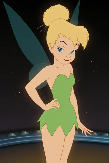 retro artstyle, 1980s (style), score_9, score_8_up, score_7_up, score_6_up, score_5_up, score_4_up, BREAK, <lora:Tinker_Bell2:1.2>, 1girl, Tink, blonde hair, single hair bun, blue eyes, fairy wings, green dress, hand on hip, peace sign, smiling, closed mouth