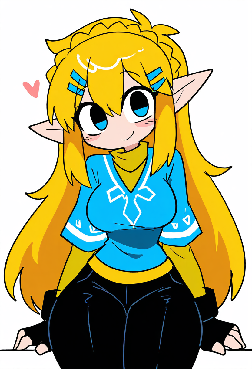 masterpiece, best quality, medium breasts, (curvy),   BREAK,  princess zelda, long hair, crown braid, hairclip, pointy ears, blue shirt, long sleeves, fingerless gloves, black gloves, black pants, tight pants, smile, curvy, head tilt, sitting,  ,,, ,,, <lora:ZankuroStyle_NAI:0.6>,smile, looking at viewer, cowboy shot,  leaning forward, head tilt,  <lora:ToonCAT_NAI:0.8>,