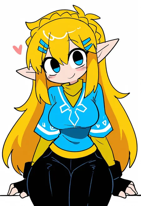 masterpiece, best quality, medium breasts, (curvy), BREAK, princess zelda, long hair, crown braid, hairclip, pointy ears, blue shirt, long sleeves, fingerless gloves, black gloves, black pants, tight pants, smile, curvy, head tilt, sitting, ,,, ,,, <lora:ZankuroStyle_NAI:0.6>,smile, looking at viewer, cowboy shot, leaning forward, head tilt, <lora:ToonCAT_NAI:0.8>,