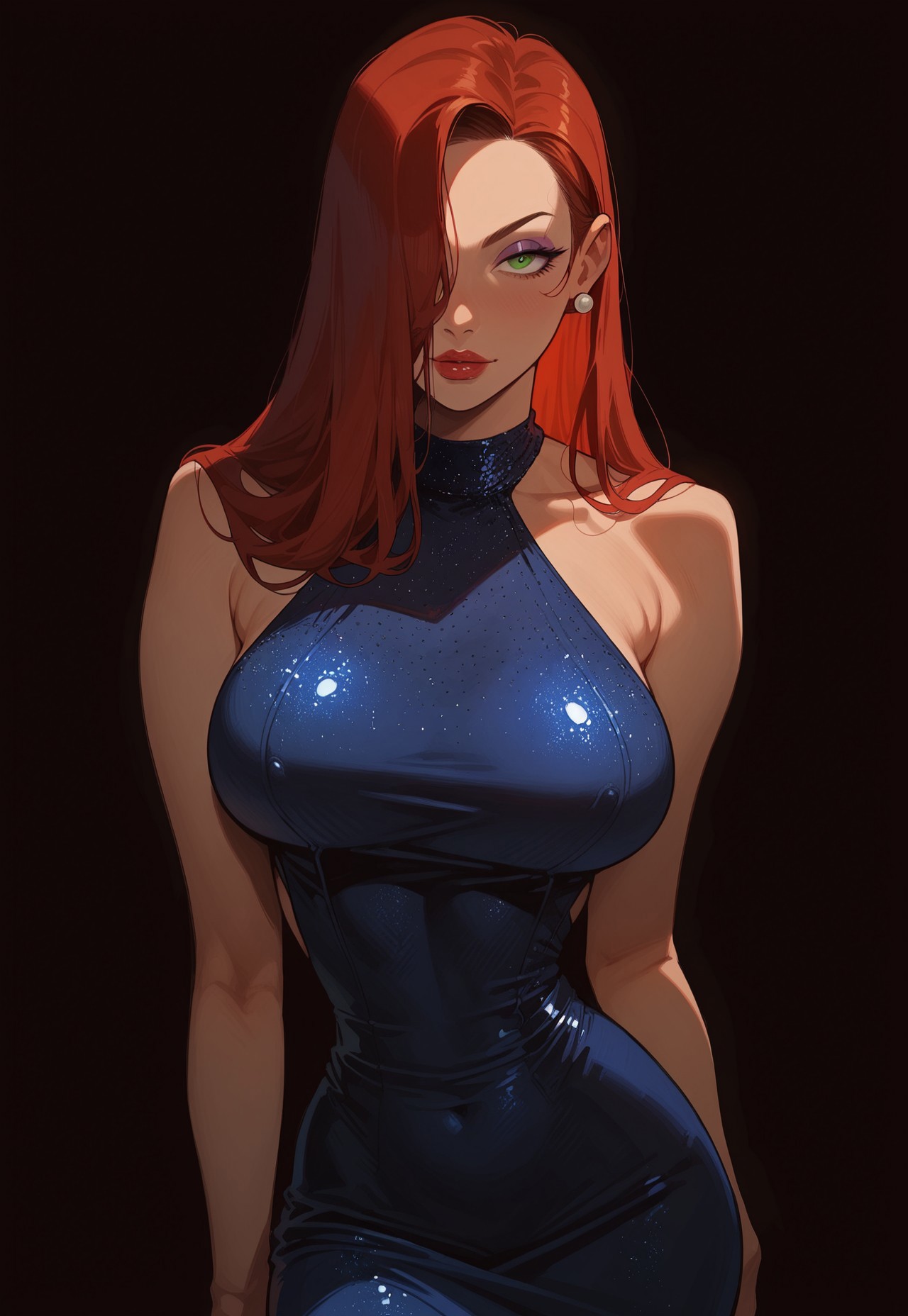 safe_pos, score_9, score_8_up, score_8. score_9, score_8_up, score_7_up, score_6_up, masterpiece, 4k, high quality, (best quality:1.1)
1girl, jessica rabbit, red hair, hair over right eye, green eyes, large breasts, ruanyi0932, blue dress, halter dress, sleeveless,cowboy shot, taut dress, skin tight, long dress, looking at viewer
BREAK
black background, spotlight
