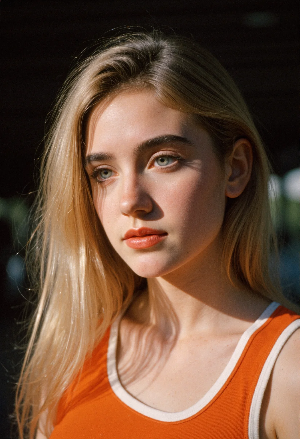 A close-up shot shows a fair-skinned woman with light blonde, wavy hair, blue eyes, and orange lipstick looking to the right of the frame. Her hair is parted on the left and falls around her face and shoulders. She is wearing a bright orange sleeveless top with a white collar and a white stripe detail on the front. The lighting creates shadows on her face, particularly on her nose and under her cheekbones. A small mole is visible on her neck. The background is out of focus and appears to be dark.