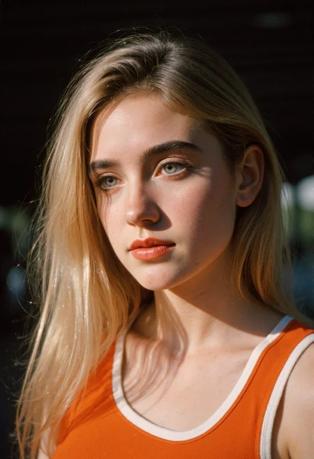 A close-up shot shows a fair-skinned woman with light blonde, wavy hair, blue eyes, and orange lipstick looking to the right of the frame. Her hair is parted on the left and falls around her face and shoulders. She is wearing a bright orange sleeveless top with a white collar and a white stripe detail on the front. The lighting creates shadows on her face, particularly on her nose and under her cheekbones. A small mole is visible on her neck. The background is out of focus and appears to be dark.