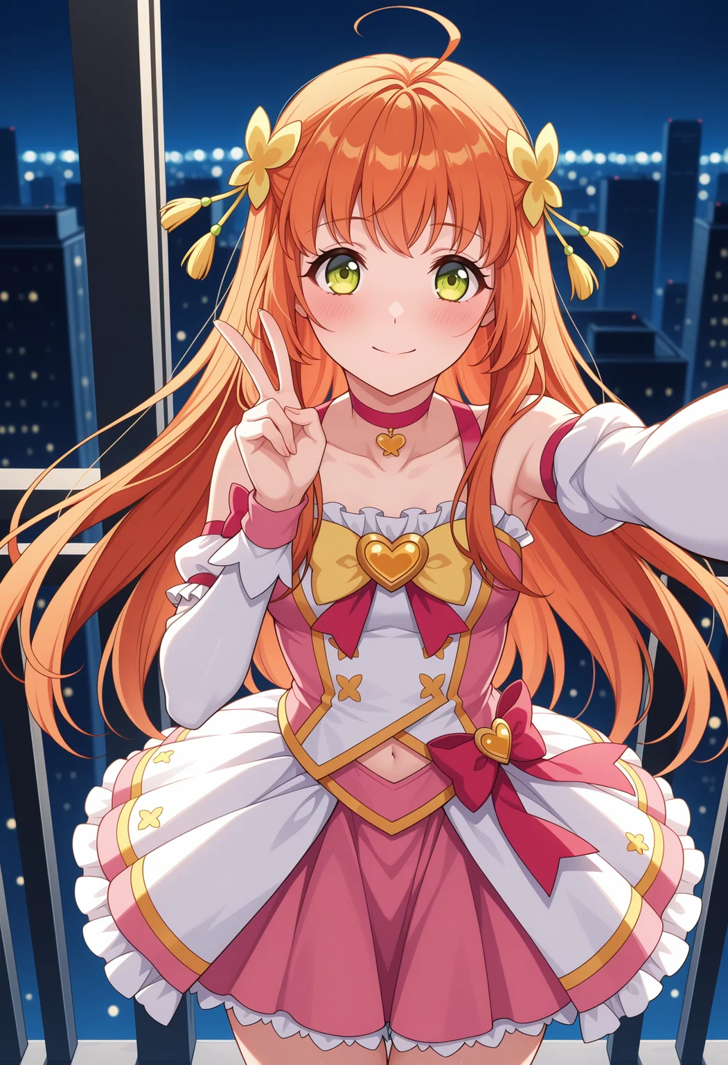 masterpiece,best quality,amazing quality,
<lora:NoobV065sHyperDmd:.5>,
1girl, solo, orange hair, green eyes, long hair, hair flower, ahoge,, <lora:kohana_aigasaki_meipaws:1>,
(magical girl), choker, frills, bare shoulders, pink skirt, bow, waist bow, hair ornament, midriff, outdoors, rooftop, cityscape, building, selfie, outstretched arm, taking picture, heart brooch, night, night sky, balcony, reaching towards viewer, detached sleeves, city lights, cowboy shot, looking at viewer, blurry, blurry background, bokeh, peace sign, hand up, blush, closed mouth, smile,thigh gap,