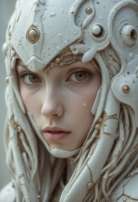 Extreme detailed photorealistic Face Closeup, best quality, masterpiece, HDR photorealistic image, extremely detailed, great lighting,, charming heavy armored Vintage science fiction fantasy inspired *snoo* knightess with flamboyant synthetic White organic translucent towering shoulder Armor And long white Hair, Freckles, shaded eyes, cracked porcelain but Natural human skin, very detailed skin, vibrant creativity in a single frame, a kaleidoscope of vibrant neon colors, She holds an old, impressively large Pale white weapon made of light particles her hand, exuding a laid-back yet dangerous vibe. The photo features faded colors, with a limited palette of gray, beige, and washed-out orange, capturing her cool, striking appearance.. cinematic composition, soft shadows, national geographic style, atmospheric haze, Film grain, cinematic film still, highly detailed,