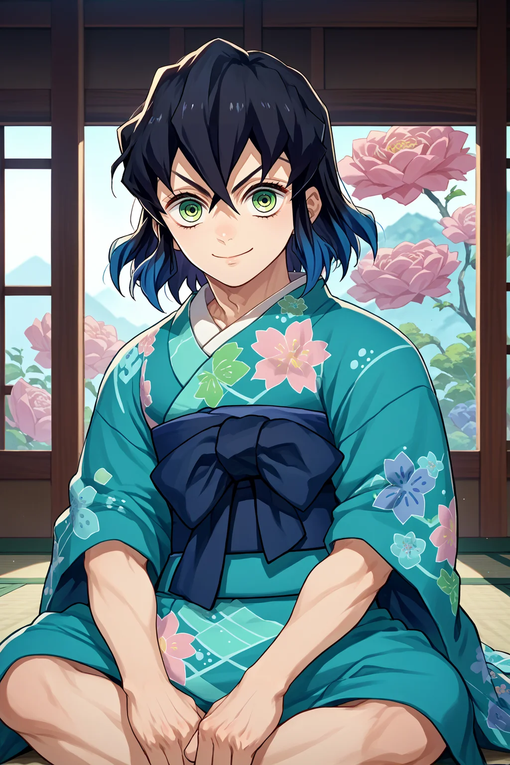 score_9, score_8_up, score_7_up, score_6_up, source_anime, 1boy, male focus, solo <lora:inosuke-pdxl-nvwls-v1-000005:1> inosuke, blue hair, black hair, multicolored hair, short hair, green eyes, cyan kimono, sash, floral print, looking at you, smile, indoors, sitting, japanese architecture