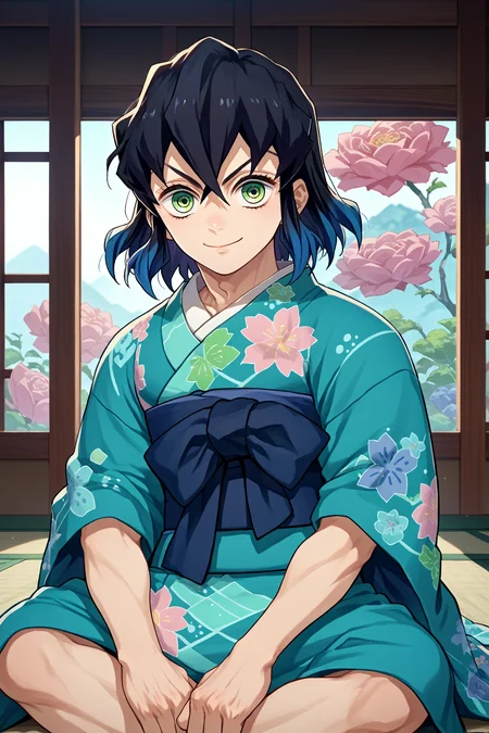 score_9, score_8_up, score_7_up, score_6_up, source_anime, 1boy, male focus, solo <lora:inosuke-pdxl-nvwls-v1-000005:1> inosuke, blue hair, black hair, multicolored hair, short hair, green eyes, cyan kimono, sash, floral print, looking at you, smile, indoors, sitting, japanese architecture