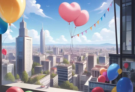 (masterpiece), (score_9, score_8_up, score_7_up,source_anime), best quality, ultra-detailed,24K, illustration, (Uncorrected), CG, 
Latex, 
Multiple balloons, huge balloon, 
cat balloon, animal balloon, balloon cat, balloon animal, 
in Rooftop of Skyscraper, modern city, Skyscraper,