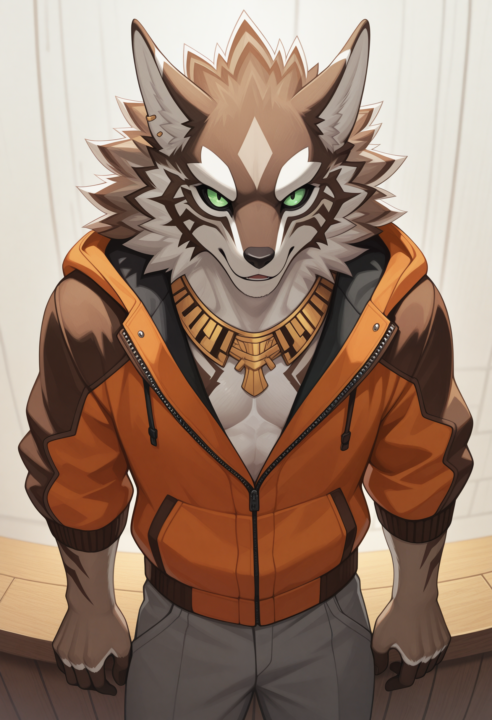 masterpiece, best quality, amazing quality, solo, 1boy, SethTas, orange jacket, grey pants, necklace, face focus