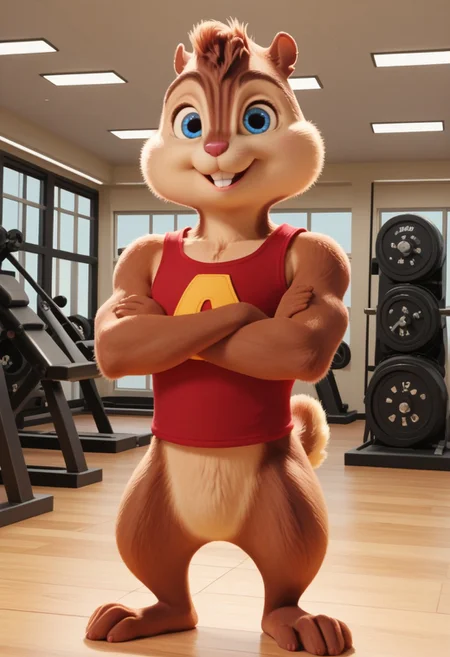 Score_9, score_8_up, score_7_up, source_furry, Alvin Seville, chipmunk, chipmunk male, furry male, furry, 3d, render, movie screencap, blue eyes, muscular body, muscles arms, muscular legs and thighs, red tank top, barefoot, gym, machines, smiling, crossed arms, looking at viewer, <lora:Alvin _Seville __Alvin_and_the_Chipmunks__CG_Movie_version:0.8>