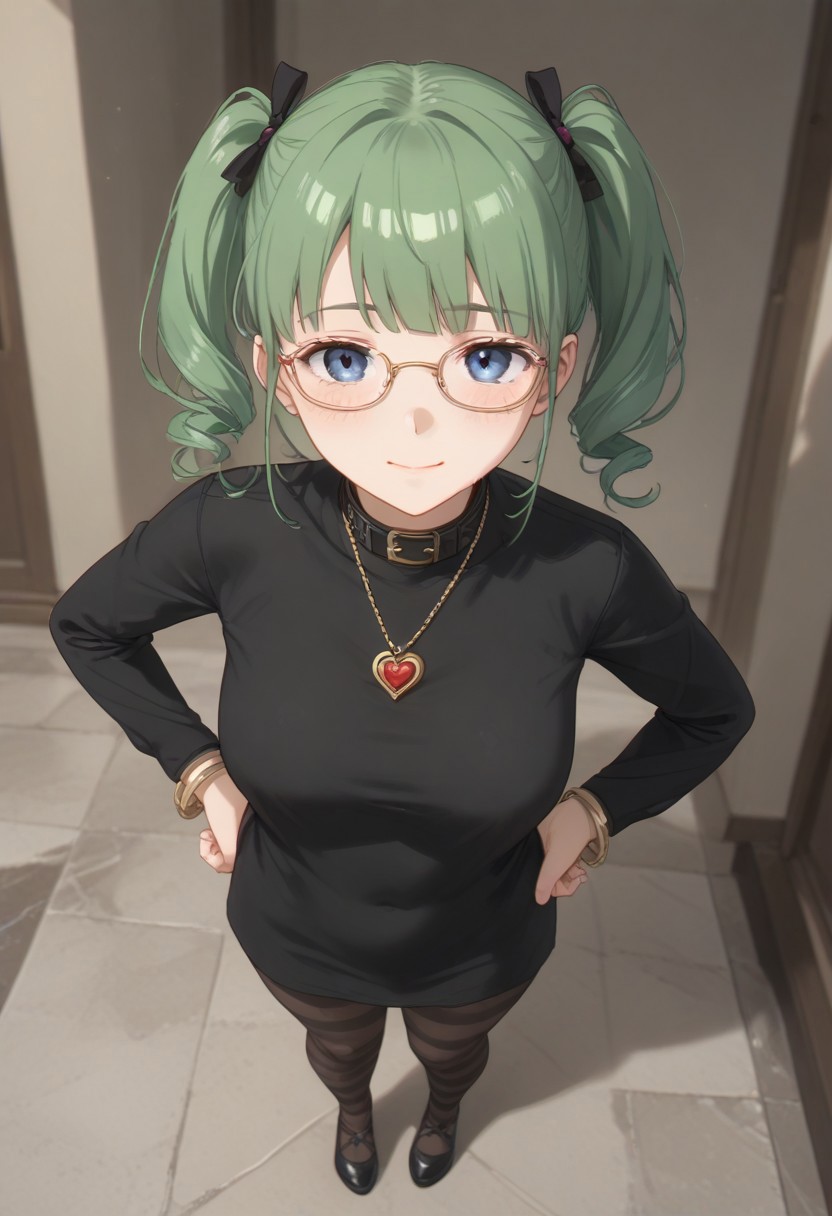 score_9, score_8_up, score_7_up (((beautiful, high quality))) female, Expressiveh <lora:Expressive_H:1> (masterpiece:0.7) (best quality:1.1) 1girl, solo <lora:seesaw_Pony_v1:0.8> from above, full body.
<lora:receptionis001:0.7>,<lora:add_detail:0.5>,<lora:noline:0.3>,<lora:boldline:-0.3> green hair, short hair (eyewear:1.1) blue eyes.
1solo Milf full body standing straight symmetrical, looking at viewer, hands on hips, twin drills twin tails, striped pantyhose, golden handcuffs on their hands with a black leather collar around the golden heart necklace, hands on hips, lustful smirking smile face red blushed.