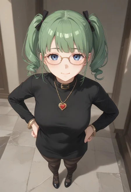 score_9, score_8_up, score_7_up (((beautiful, high quality))) female, Expressiveh <lora:Expressive_H:1> (masterpiece:0.7) (best quality:1.1) 1girl, solo <lora:seesaw_Pony_v1:0.8> from above, full body.
<lora:receptionis001:0.7>,<lora:add_detail:0.5>,<lora:noline:0.3>,<lora:boldline:-0.3> green hair, short hair (eyewear:1.1) blue eyes.
1solo Milf full body standing straight symmetrical, looking at viewer, hands on hips, twin drills twin tails, striped pantyhose, golden handcuffs on their hands with a black leather collar around the golden heart necklace, hands on hips, lustful smirking smile face red blushed.