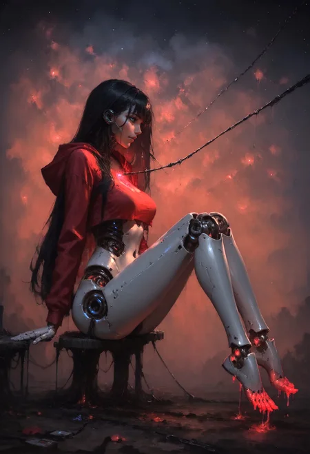 score_9, score_8_up, score_7_up, robot girl, (robot joints, intervention unit, very complex robot, glowing chest:1.2), side view, full body, mechanical toes, solo, white long hair, large breasts, bangs, arched back, dark eyes, too tight burgundy hoodie, provocative, cosmic background, cables and wires everywhere, smirk, red theme, covered face <lora:pony/twilight_style:0.8> <lora:pony/expressiveh:0.8> expressiveH <lora:pony/vixon_gothic_oil_style:0.45> d4rk01l <lora:sdxl/sinfully_stylish_sdxl>