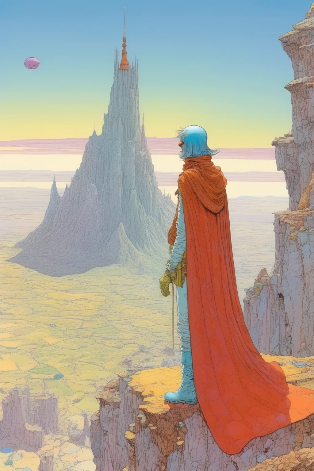 <lora:Moebius (Jean Giraud) Style:1>Moebius (Jean Giraud) Style - Jean Giraud, known as Moebius, was a renowned artist and illustrator with a distinct style. Based on this post, an illustration by Giraud could depict a whimsical scene with a character wearing a cape made of money, standing triumphantly on a mountaintop, surrounded by colorful and surreal landscapes. The character would exude a sense of joy and empowerment, representing the journey from dependence to independence with a touch of Giraud's unique artistic flair.