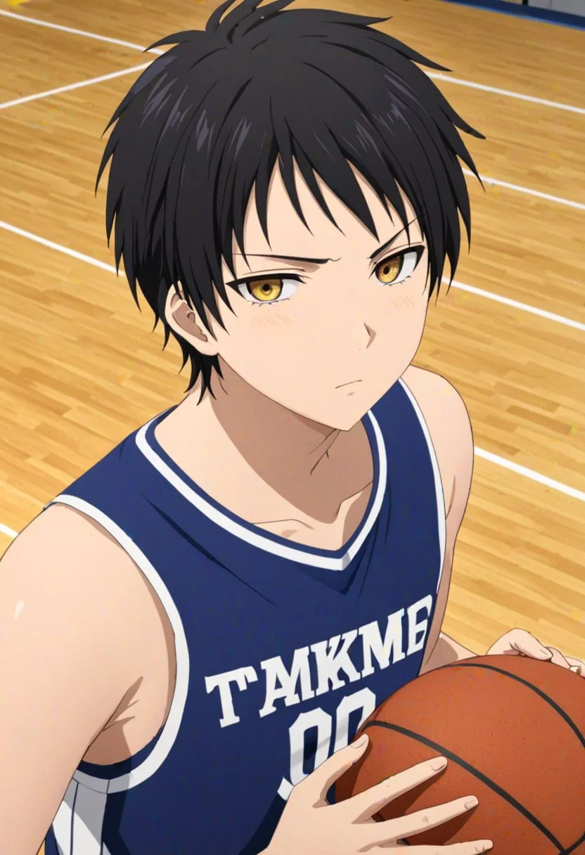 Sasuke Tsubaki, Yellow Eye, masterpiece, best quality, (1boy), solo, male focus, High definition, Black hair, 4K, basket ball player