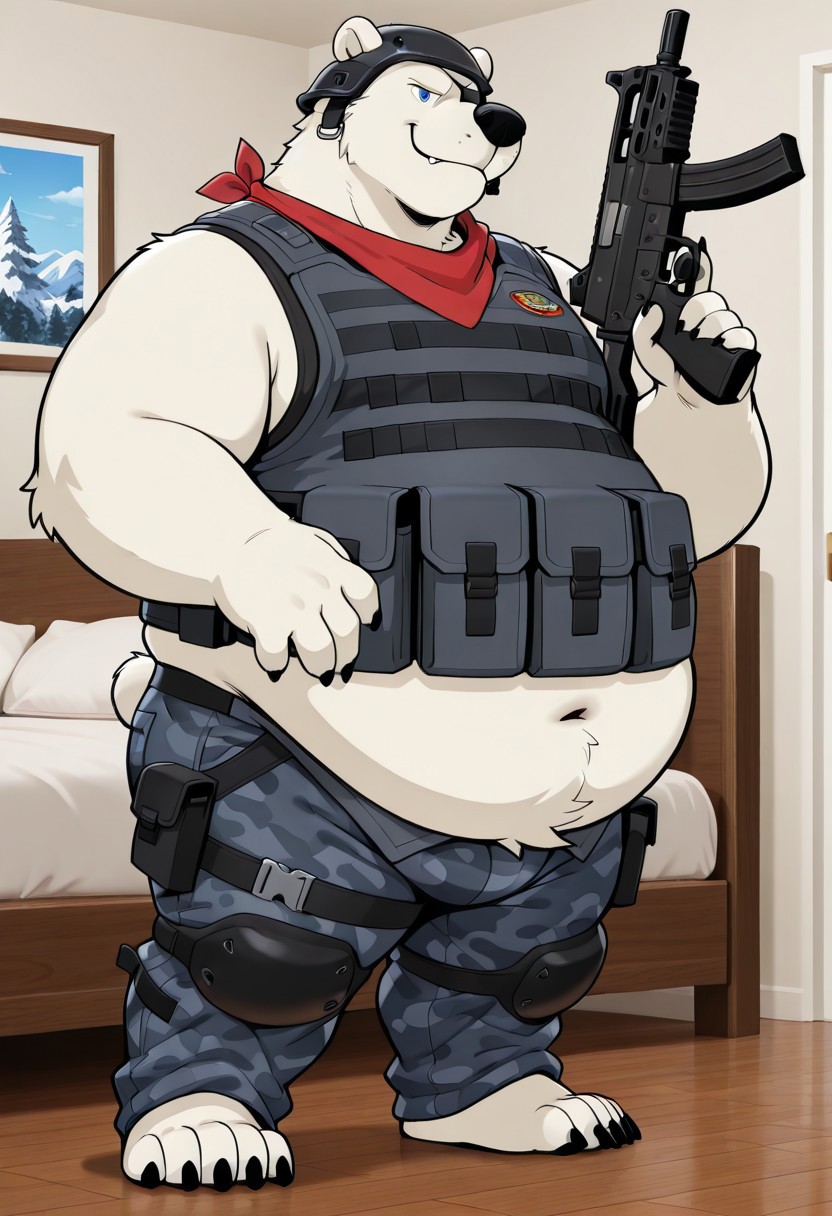 masterpiece, best quality, amazing quality, 1boy, solo, polar bear, bear snout, blue eyes, right eye patch, helmet, claws, male. anthro, male, black pawpads, cartoon style, 2d, overweight male, perfect eyes, (((detailed eyes))), expressive eyes, ((fat, chubby, obese, round belly)), ((excessive obesity)),, bedroom, inside, high quality, detailed, digital art, masterpiece, full body, (gray camouflage pants, gray tactical sleeveless vest, red bandana around the neck, arm wears), big butt, (standing,  dynamic pose, holding assault rifles, front view), vivid color, detailed face, perfect face, masterpiece, absurdres, intricate detail, very aesthetic, ds0d, ((three-quarter view:1.3)),  ((3/4_view))